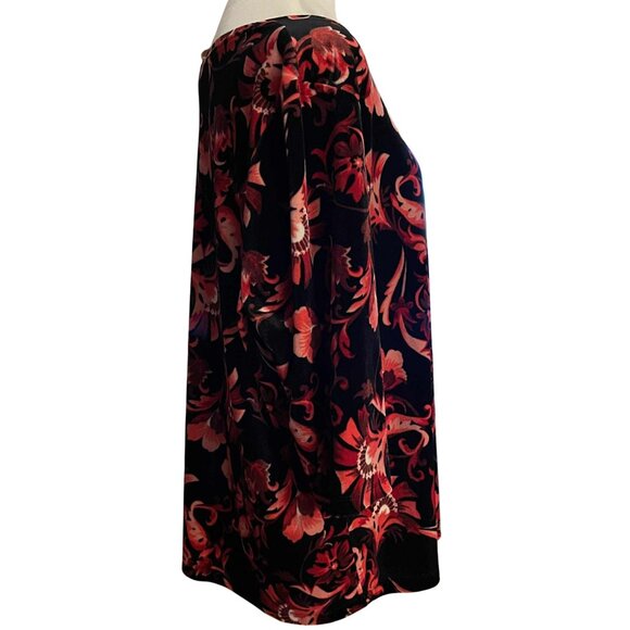 CATHERINES PETITE 1XWP VELVET FLORAL TUNIC TOP BLACK RED STRETCH 3/4 SLEEVE - Picture 4 of 10